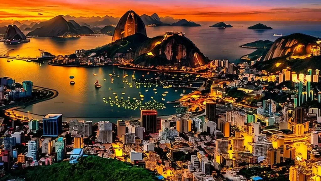 Vista panorâmica do pôr do sol na Baía de Guanabara com o Pão de Açúcar iluminado e a skyline da cidade do Rio de Janeiro ao entardecer.