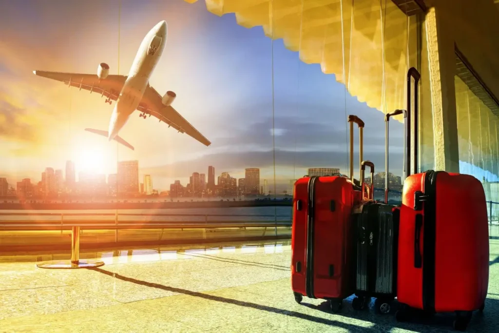 A imagem mostra três malas de viagem — duas vermelhas e uma preta — posicionadas próximas a uma ampla janela de vidro em um aeroporto, enquanto um avião decola ao fundo durante o pôr do sol. Ao longe, é possível ver o horizonte urbano iluminado pela luz dourada, criando um cenário que remete a viagens internacionais, planejamento de férias e novas experiências pelo mundo.O contexto visual transmite a ideia de embarque, turismo e mobilidade aérea, sendo ideal para ilustrar conteúdos sobre tendências de viagem, planejamento de roteiros, compra de passagens aéreas, dicas para arrumar malas e turismo internacional em 2026. A cena também reforça conceitos como antecipação da viagem, organização e escolha estratégica de destinos, especialmente para quem busca experiências fora do comum e quer viajar melhor, com mais conforto e praticidade.